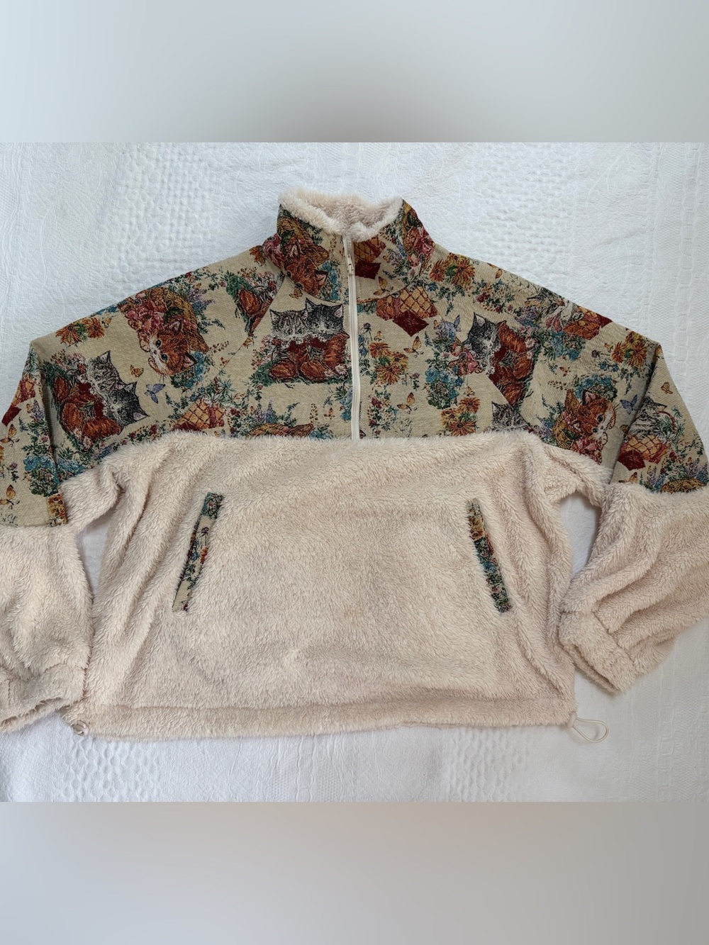 Cat Tapestry Fleece Pullover 1/2 Zip Women’s Size Large L Cider